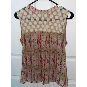 Tulle short sleeved top Medium Tan/Navy/Red colors beautiful tulle insert